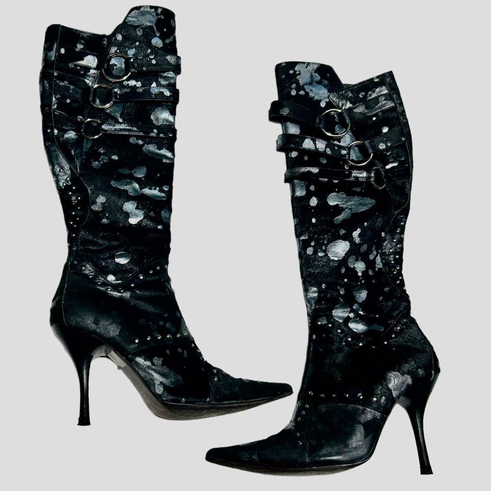 Juno Italian Leather Heeled Boots Pointed Toe Tall Furry Silver and Black Boots